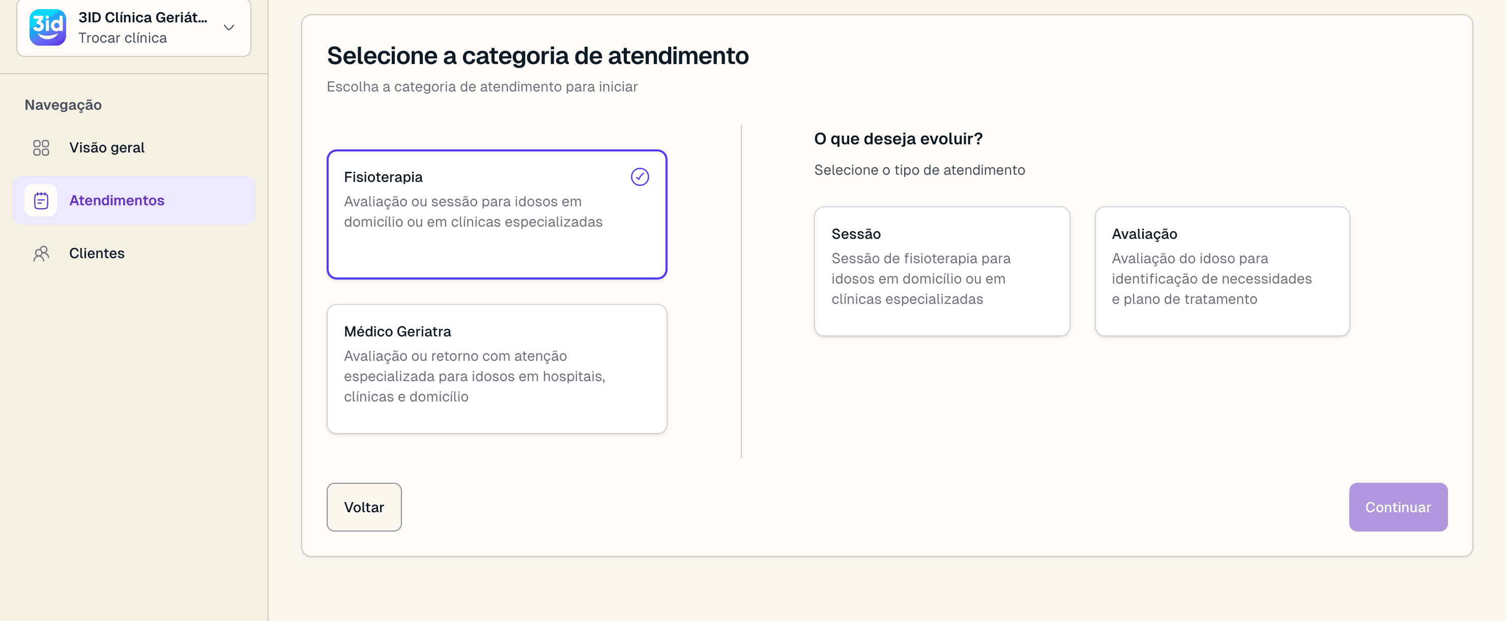 Fluxo guiado para escolher a categoria e o tipo de atendimento no 3ID